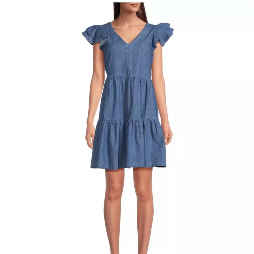 Gibson Latimer Women’s V-neck Ruffle Sleeve Denim Style Swing Dress, Size S